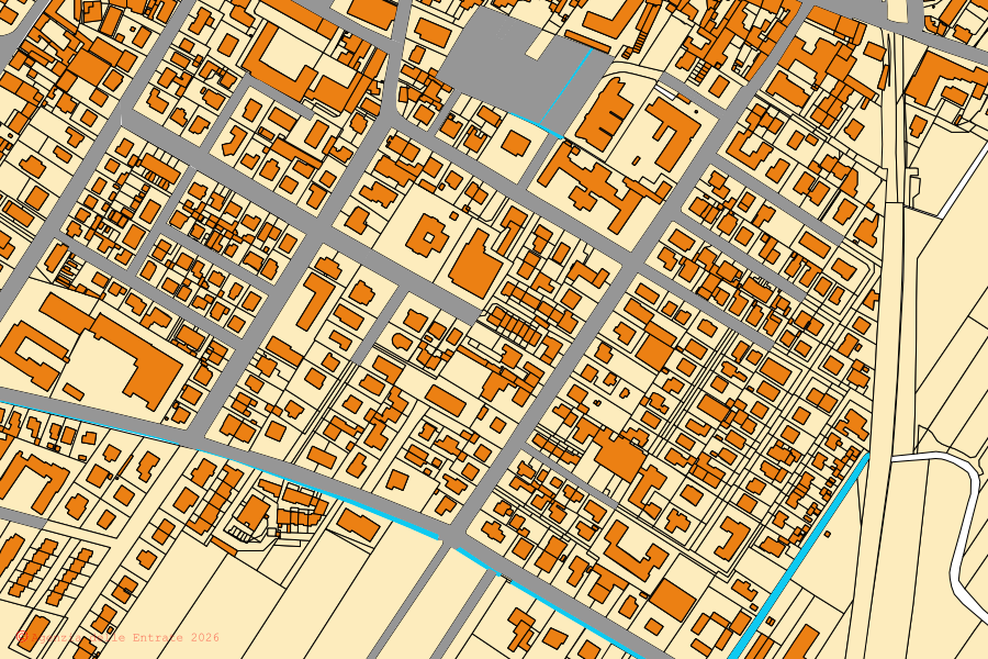Mapa cadastral do centro de Poggio Rusco: parcelas e edifícios, cartografia da Agenzia delle Entrate