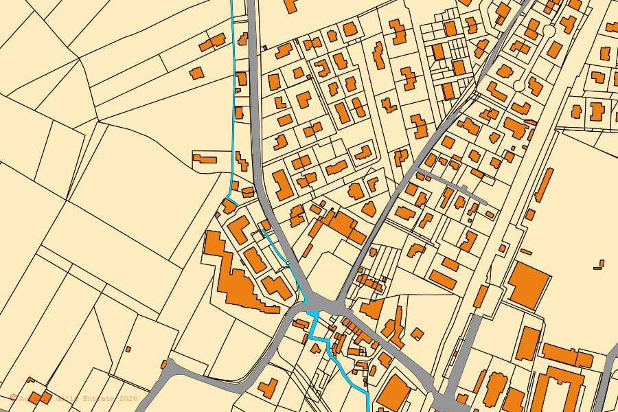 Mapa cadastral do centro de Ponte di Piave: parcelas e edifícios, cartografia da Agenzia delle Entrate