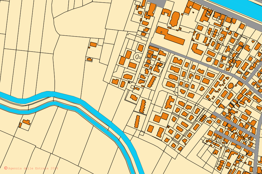 Mapa cadastral do centro de Pontelongo: parcelas e edifícios, cartografia da Agenzia delle Entrate