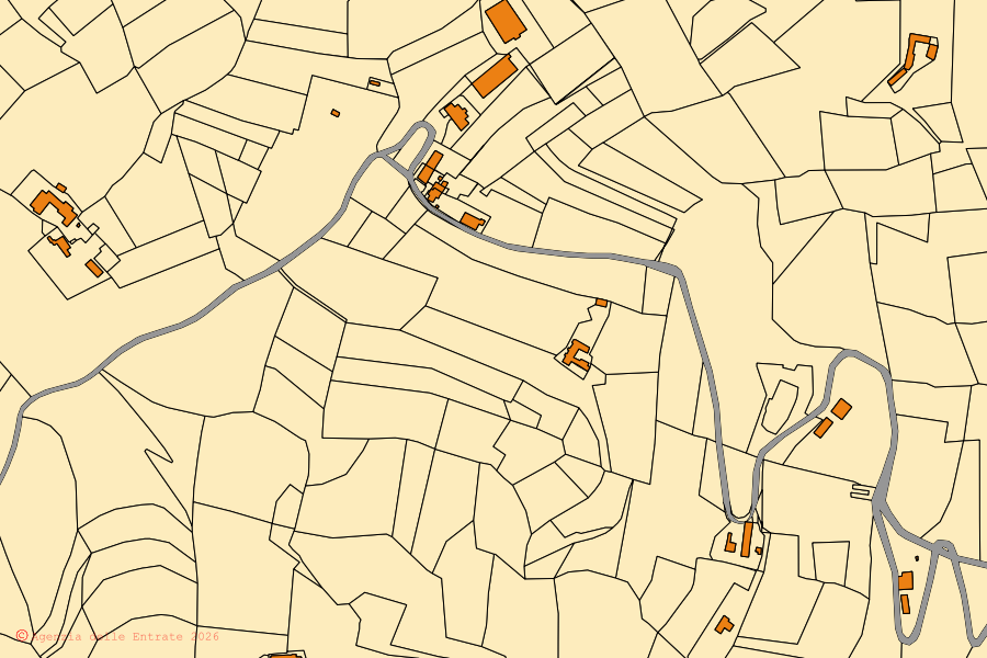 Mapa cadastral do centro de Ponti: parcelas e edifícios, cartografia da Agenzia delle Entrate