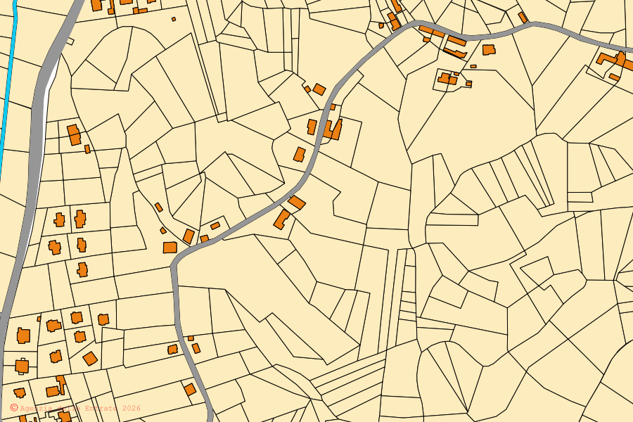 Mapa cadastral do centro de Portacomaro: parcelas e edifícios, cartografia da Agenzia delle Entrate