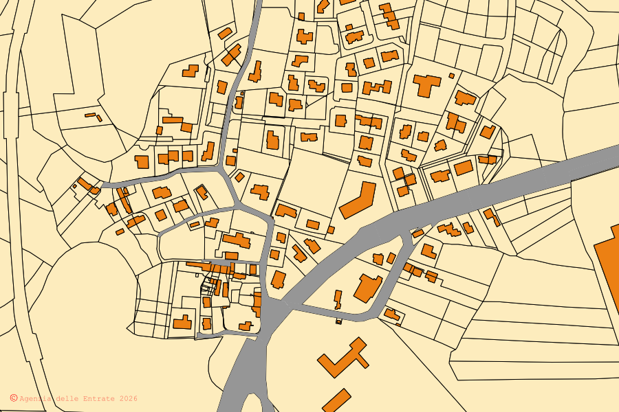 Mapa cadastral do centro de Portobuffolè: parcelas e edifícios, cartografia da Agenzia delle Entrate