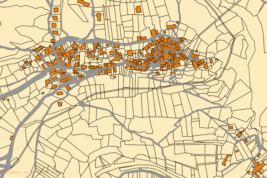 Mapa cadastral do centro de Pozzilli: parcelas e edifícios, cartografia da Agenzia delle Entrate