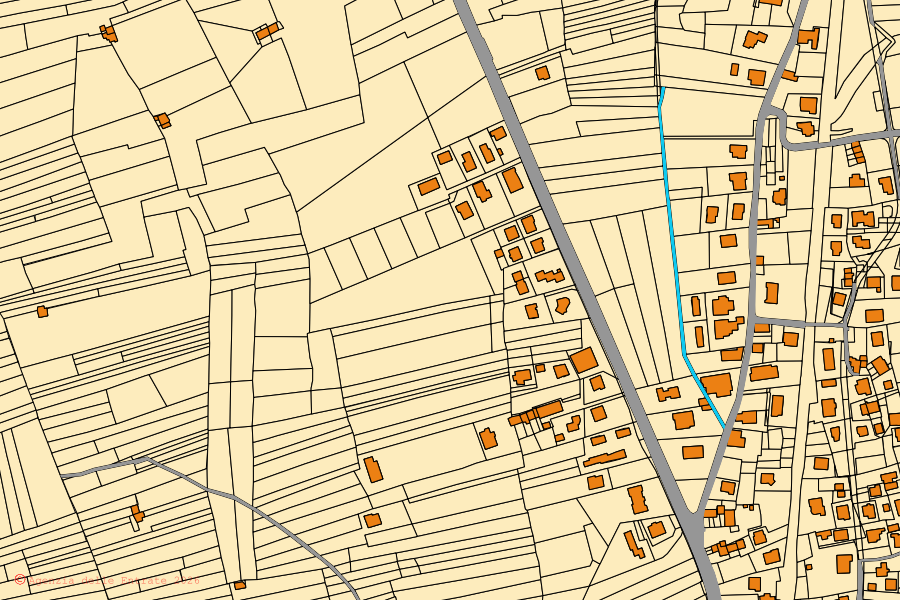 Mapa cadastral do centro de Prata Camportaccio: parcelas e edifícios, cartografia da Agenzia delle Entrate