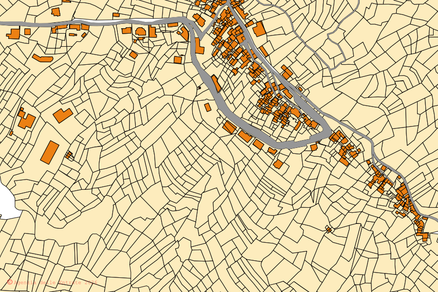 Mapa cadastral do centro de Pratiglione: parcelas e edifícios, cartografia da Agenzia delle Entrate