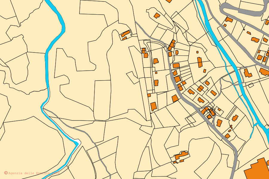 Mapa cadastral do centro de Quaregna Cerreto: parcelas e edifícios, cartografia da Agenzia delle Entrate