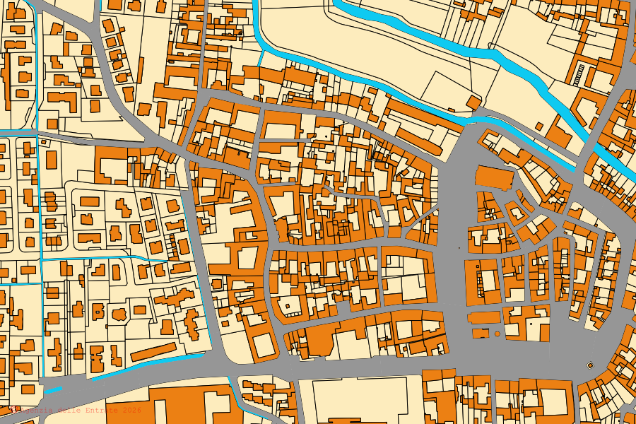 Mapa cadastral do centro de Quinzano d'Oglio: parcelas e edifícios, cartografia da Agenzia delle Entrate
