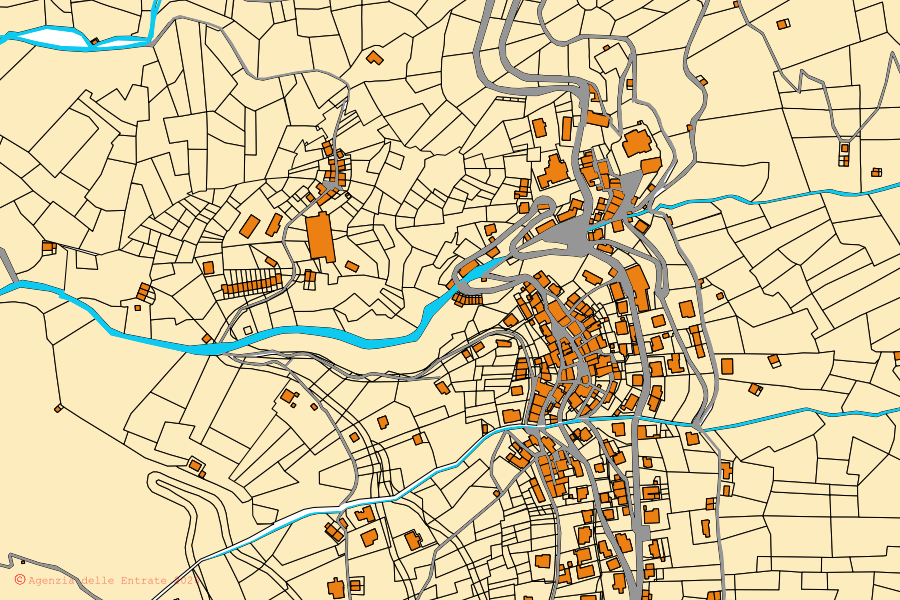 Mapa cadastral do centro de Rasura: parcelas e edifícios, cartografia da Agenzia delle Entrate