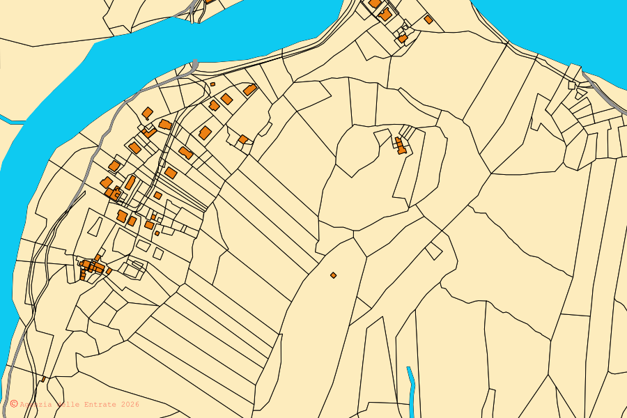 Mapa cadastral do centro de Resiutta: parcelas e edifícios, cartografia da Agenzia delle Entrate