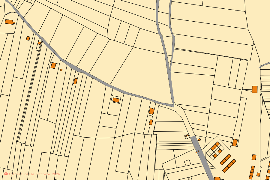 Mapa cadastral do centro de Roccamena: parcelas e edifícios, cartografia da Agenzia delle Entrate