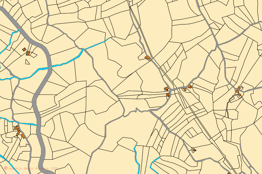 Mapa cadastral do centro de Roccasicura: parcelas e edifícios, cartografia da Agenzia delle Entrate