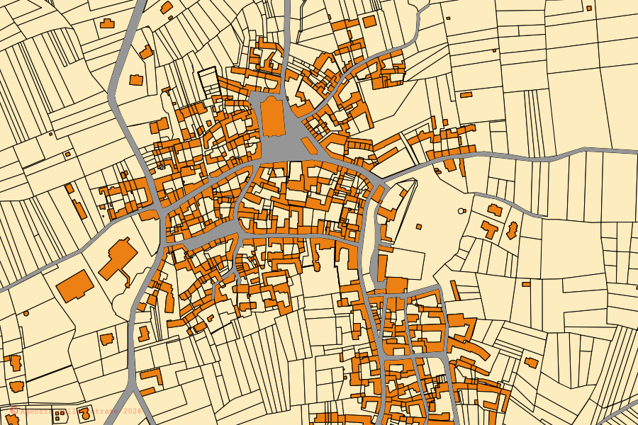 Mapa cadastral do centro de Romano Canavese: parcelas e edifícios, cartografia da Agenzia delle Entrate