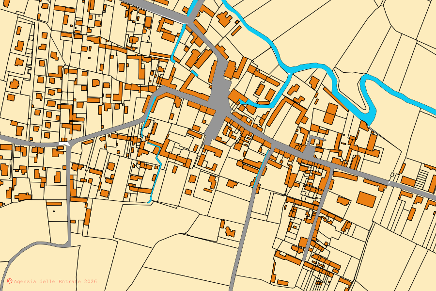 Mapa cadastral do centro de Ronsecco: parcelas e edifícios, cartografia da Agenzia delle Entrate