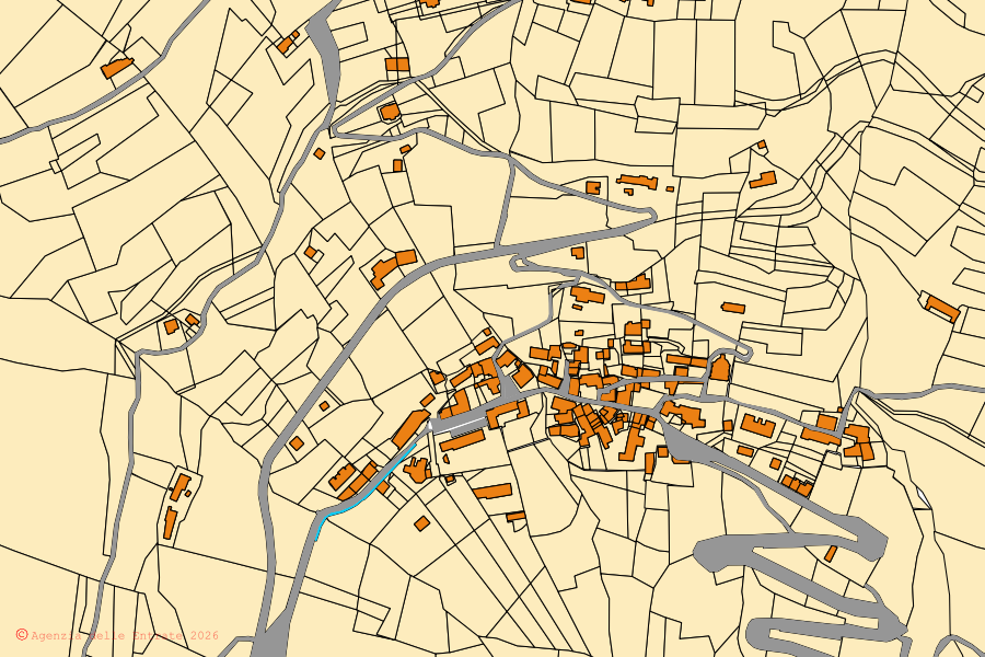 Mapa cadastral do centro de Rorà: parcelas e edifícios, cartografia da Agenzia delle Entrate