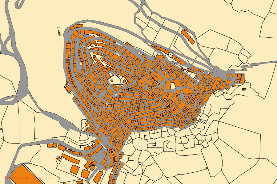 Mapa cadastral do centro de Rotondella: parcelas e edifícios, cartografia da Agenzia delle Entrate