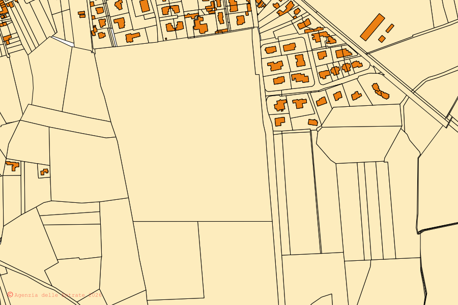 Mapa cadastral do centro de Ruda: parcelas e edifícios, cartografia da Agenzia delle Entrate
