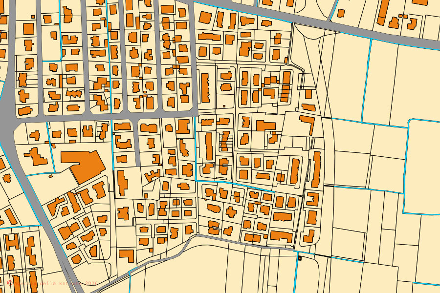 Mapa cadastral do centro de Rudiano: parcelas e edifícios, cartografia da Agenzia delle Entrate