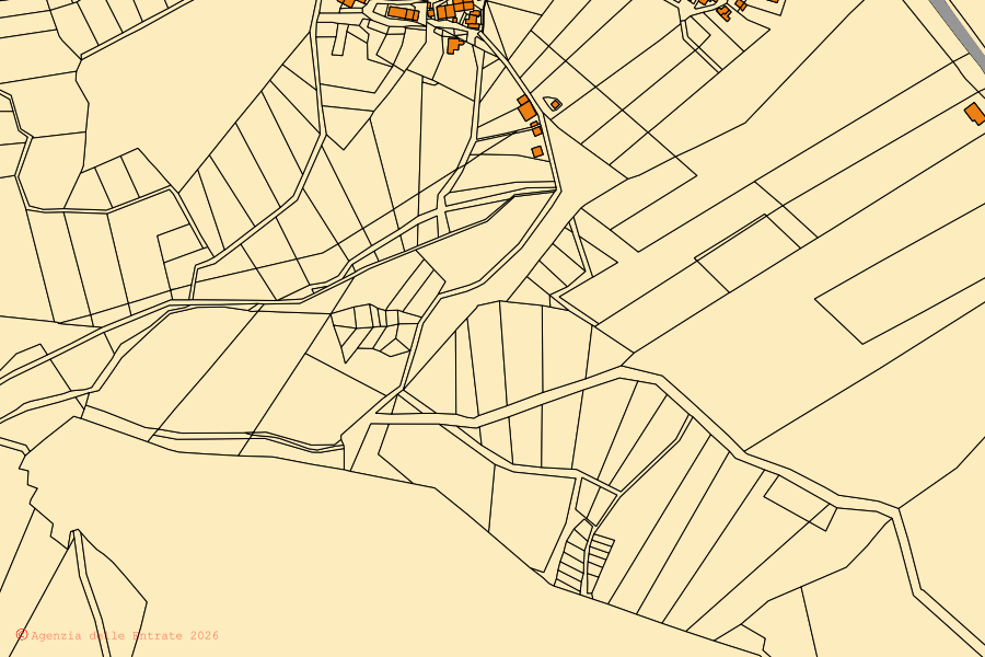 Mapa cadastral do centro de Ruoti: parcelas e edifícios, cartografia da Agenzia delle Entrate