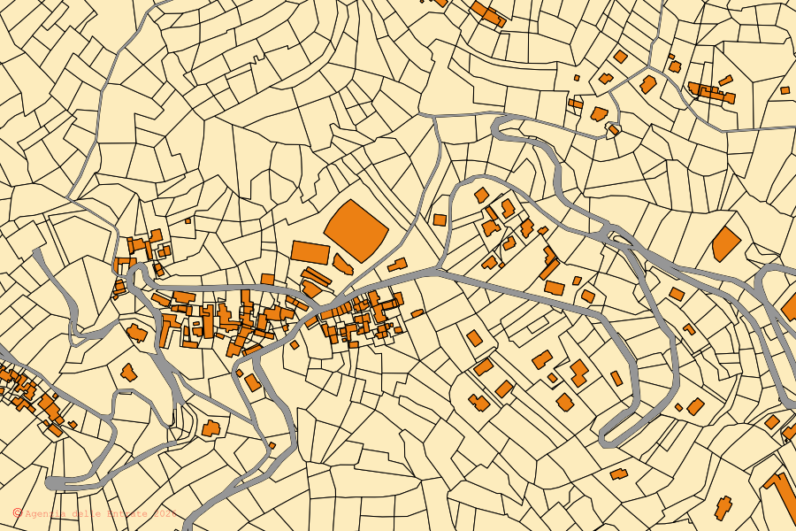Mapa cadastral do centro de San Colombano Belmonte: parcelas e edifícios, cartografia da Agenzia delle Entrate