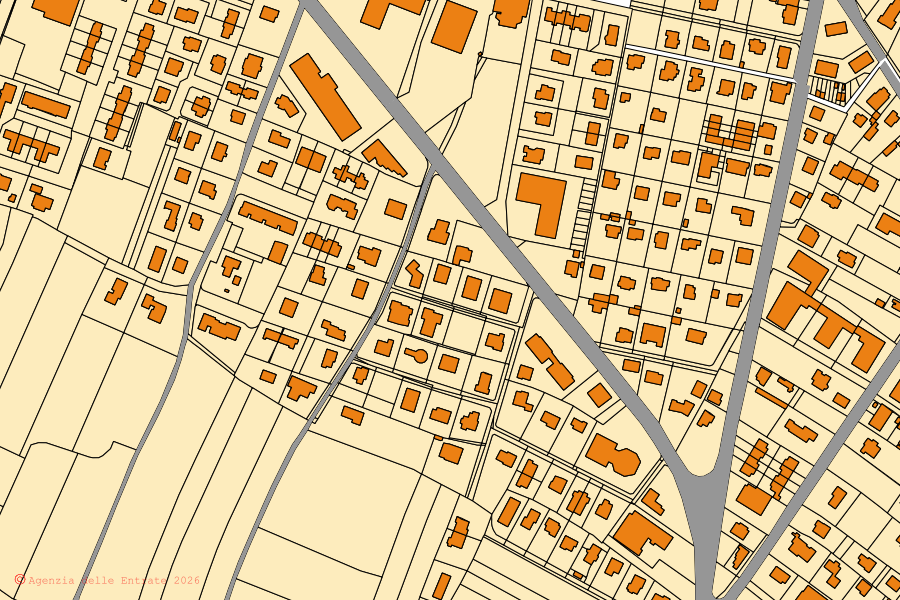 Mapa cadastral do centro de San Daniele del Friuli: parcelas e edifícios, cartografia da Agenzia delle Entrate