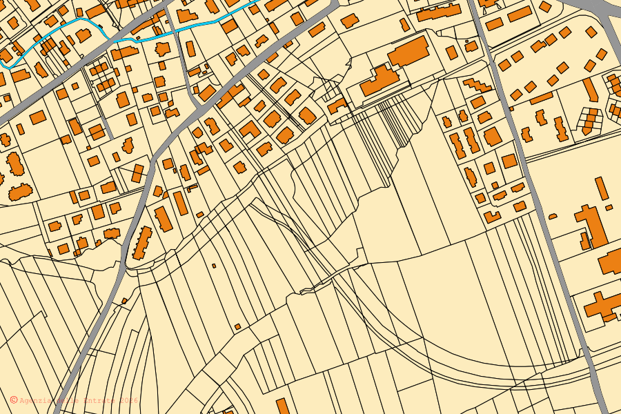 Mapa cadastral do centro de San Gillio: parcelas e edifícios, cartografia da Agenzia delle Entrate