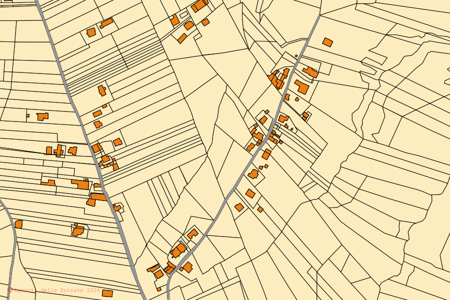 Mapa cadastral do centro de San Giorgio del Sannio: parcelas e edifícios, cartografia da Agenzia delle Entrate