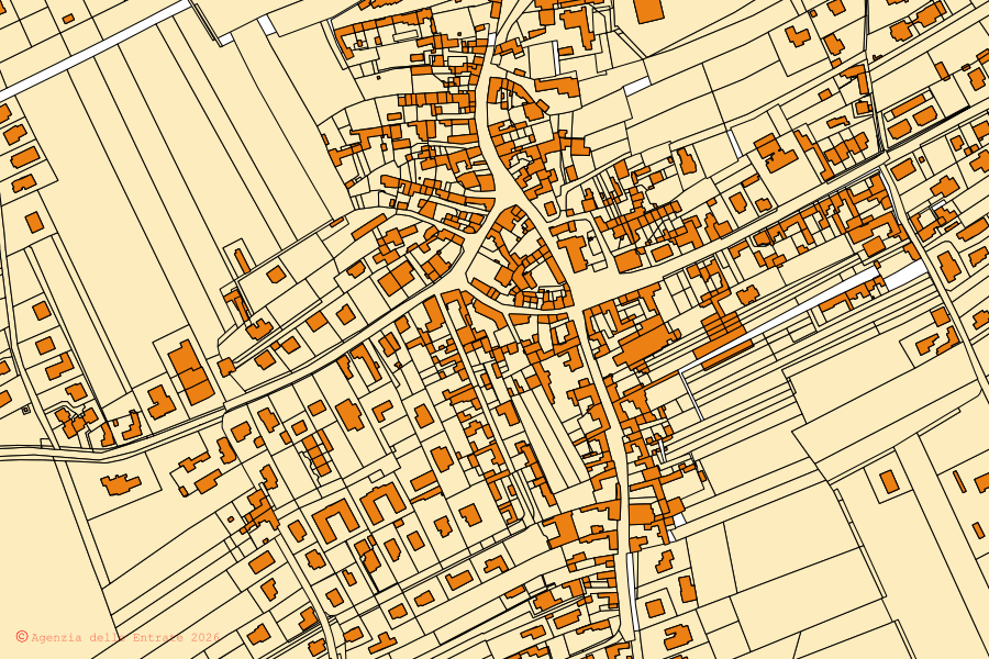 Mapa cadastral do centro de San Lorenzo Isontino: parcelas e edifícios, cartografia da Agenzia delle Entrate