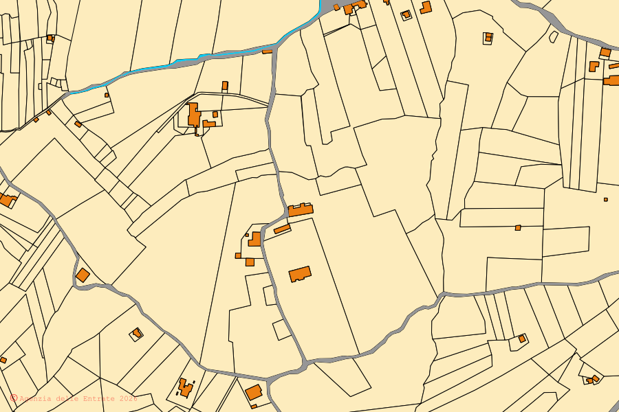 Mapa cadastral do centro de San Lupo: parcelas e edifícios, cartografia da Agenzia delle Entrate