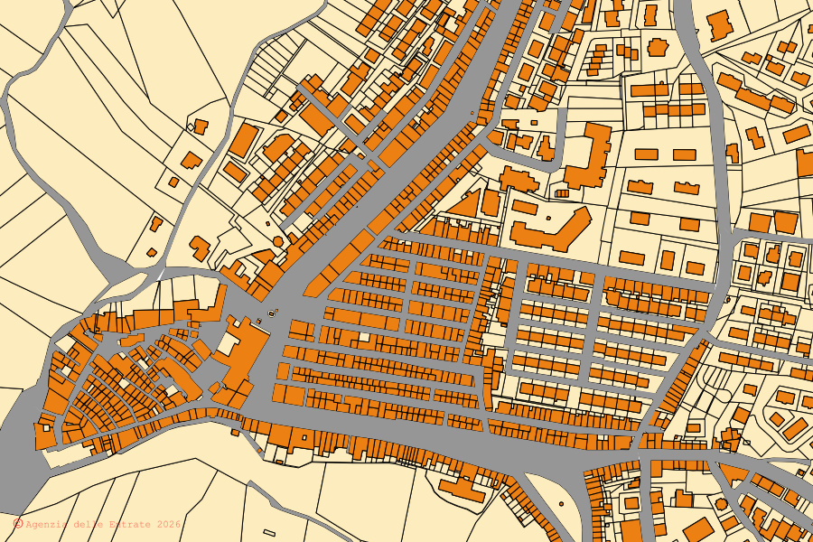 Mapa cadastral do centro de San Martino in Pensilis: parcelas e edifícios, cartografia da Agenzia delle Entrate