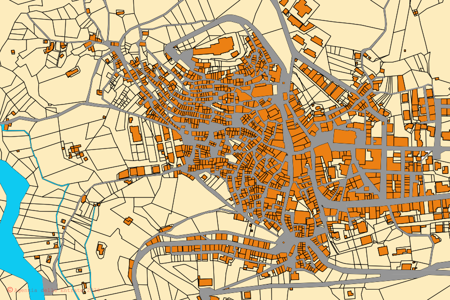 Mapa cadastral do centro de San Piero Patti: parcelas e edifícios, cartografia da Agenzia delle Entrate