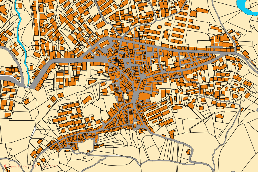 Mapa cadastral do centro de San Pietro a Maida: parcelas e edifícios, cartografia da Agenzia delle Entrate