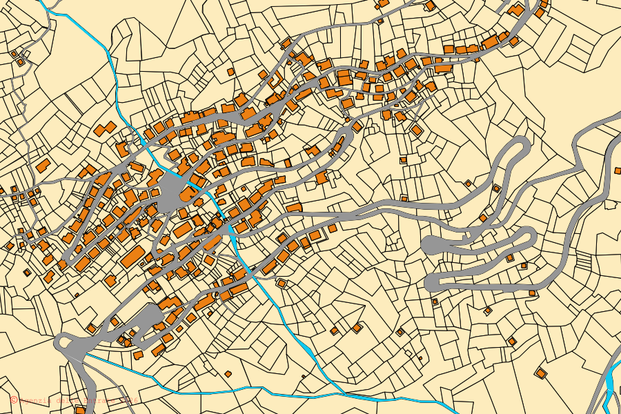 Mapa cadastral do centro de San Pietro di Cadore: parcelas e edifícios, cartografia da Agenzia delle Entrate