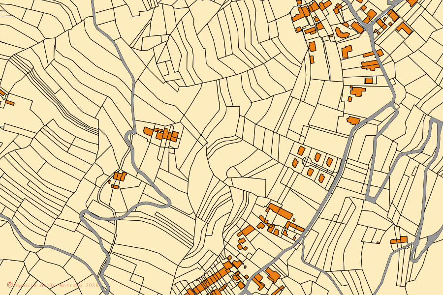 Mapa cadastral do centro de San Sebastiano da Po: parcelas e edifícios, cartografia da Agenzia delle Entrate