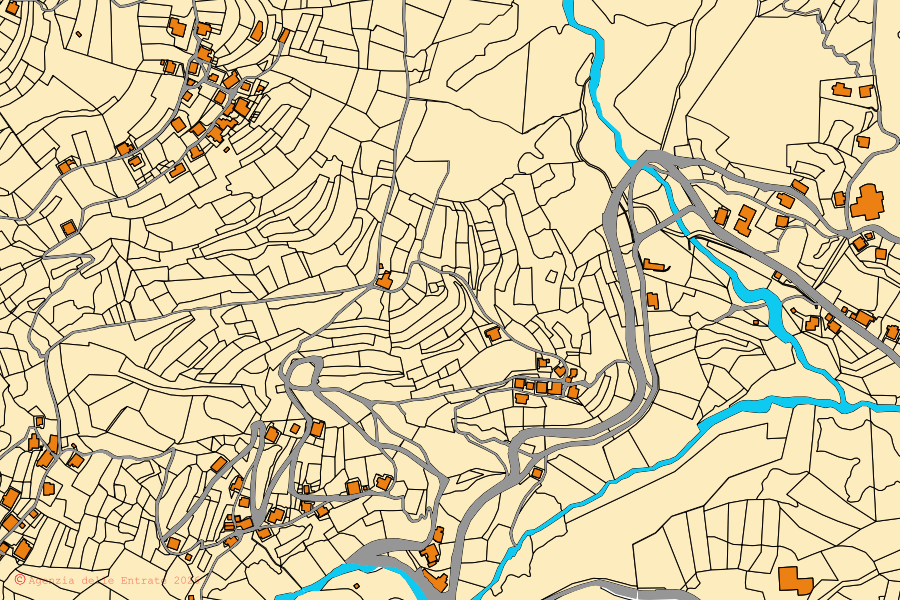 Mapa cadastral do centro de San Tomaso Agordino: parcelas e edifícios, cartografia da Agenzia delle Entrate