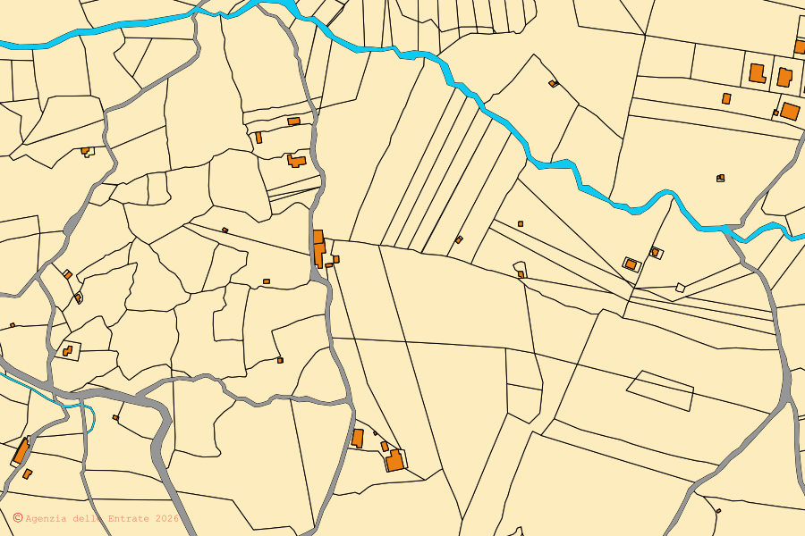 Mapa cadastral do centro de San Vincenzo La Costa: parcelas e edifícios, cartografia da Agenzia delle Entrate