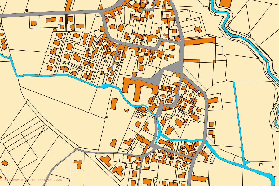 Mapa cadastral do centro de Sandrigo: parcelas e edifícios, cartografia da Agenzia delle Entrate