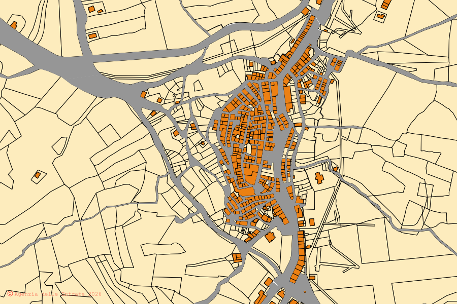 Mapa cadastral do centro de Sant'Angelo Limosano: parcelas e edifícios, cartografia da Agenzia delle Entrate