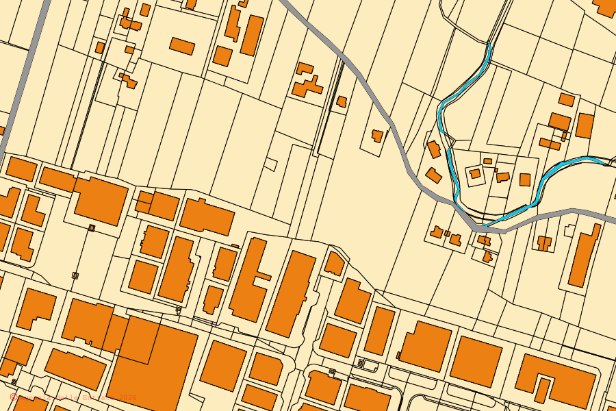 Mapa cadastral do centro de Santa Giustina in Colle: parcelas e edifícios, cartografia da Agenzia delle Entrate