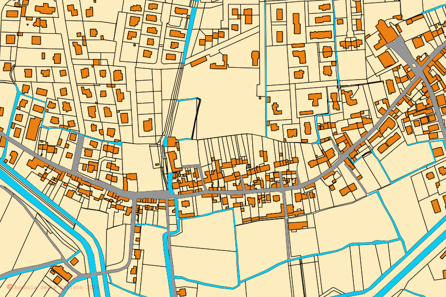 Mapa cadastral do centro de Santo Stefano Lodigiano: parcelas e edifícios, cartografia da Agenzia delle Entrate