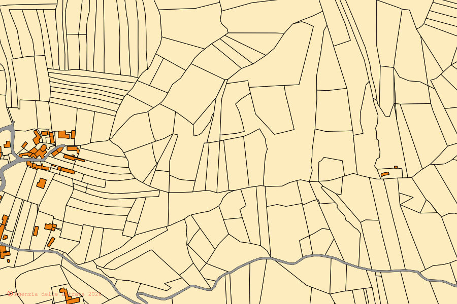 Mapa cadastral do centro de Sarezzano: parcelas e edifícios, cartografia da Agenzia delle Entrate