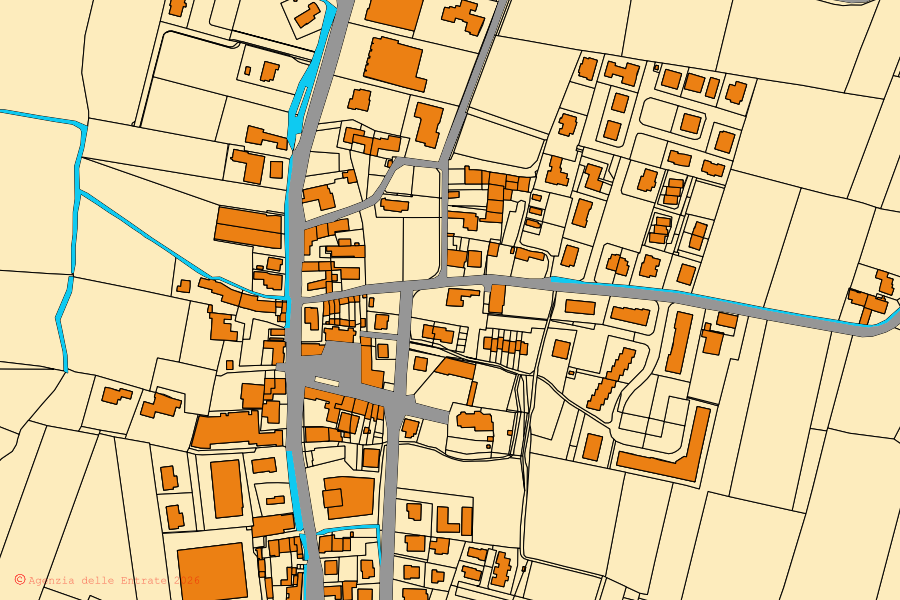 Mapa cadastral do centro de Schiavon: parcelas e edifícios, cartografia da Agenzia delle Entrate
