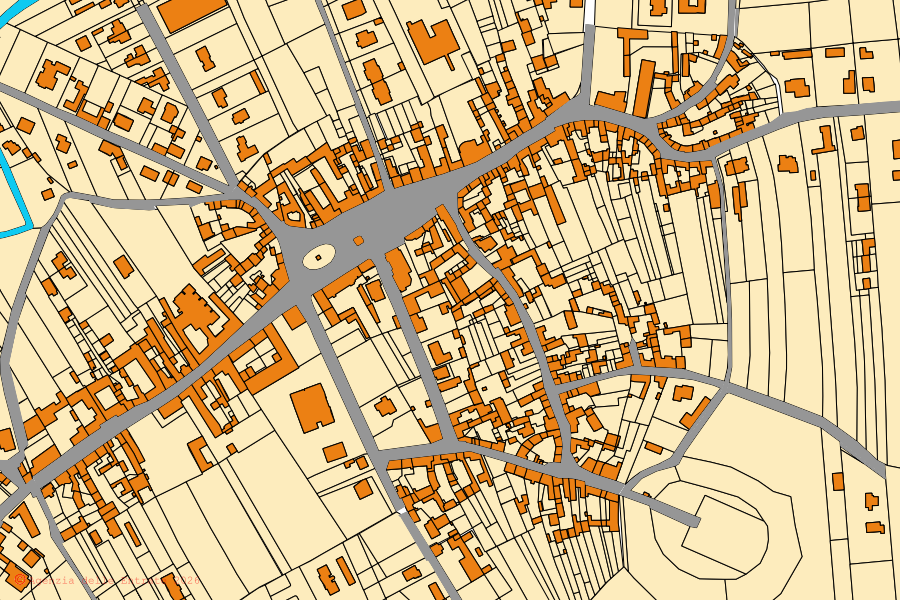 Mapa cadastral do centro de Sedegliano: parcelas e edifícios, cartografia da Agenzia delle Entrate