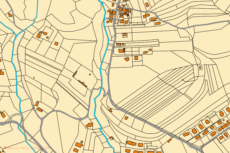 Mapa cadastral do centro de Sedico: parcelas e edifícios, cartografia da Agenzia delle Entrate