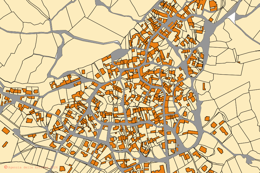 Mapa cadastral do centro de Serri: parcelas e edifícios, cartografia da Agenzia delle Entrate