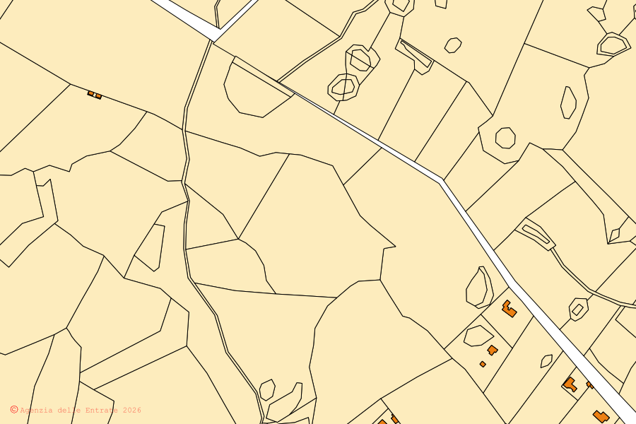 Mapa cadastral do centro de Sgonico: parcelas e edifícios, cartografia da Agenzia delle Entrate