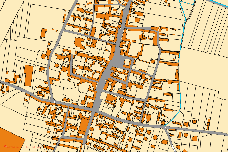 Mapa cadastral do centro de Silvano Pietra: parcelas e edifícios, cartografia da Agenzia delle Entrate