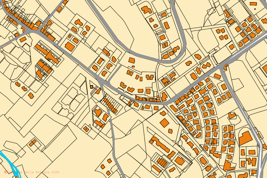 Mapa cadastral do centro de Sirolo: parcelas e edifícios, cartografia da Agenzia delle Entrate