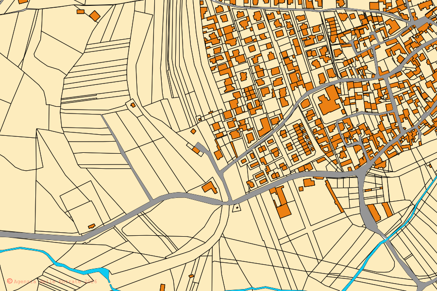 Mapa cadastral do centro de Soleminis: parcelas e edifícios, cartografia da Agenzia delle Entrate