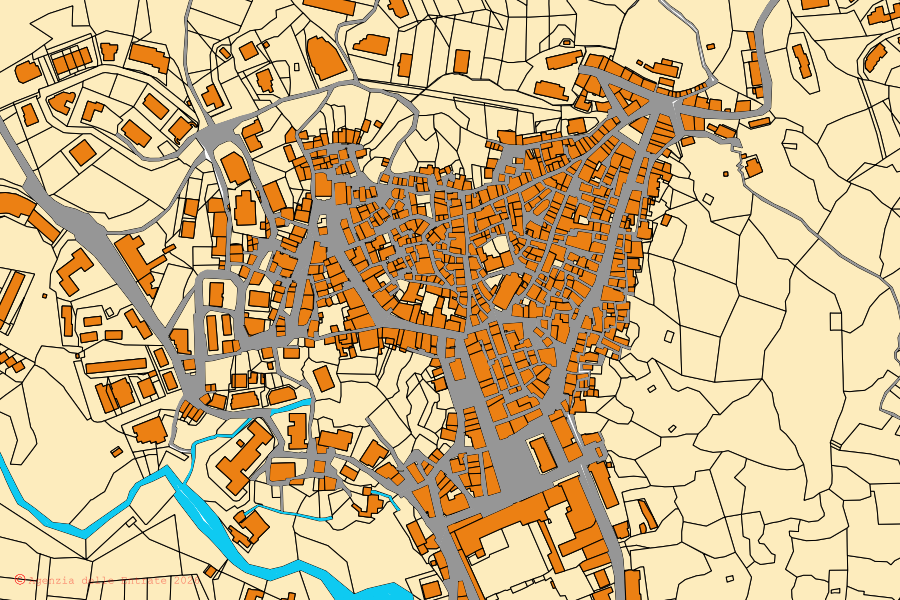 Mapa cadastral do centro de Soriano Calabro: parcelas e edifícios, cartografia da Agenzia delle Entrate