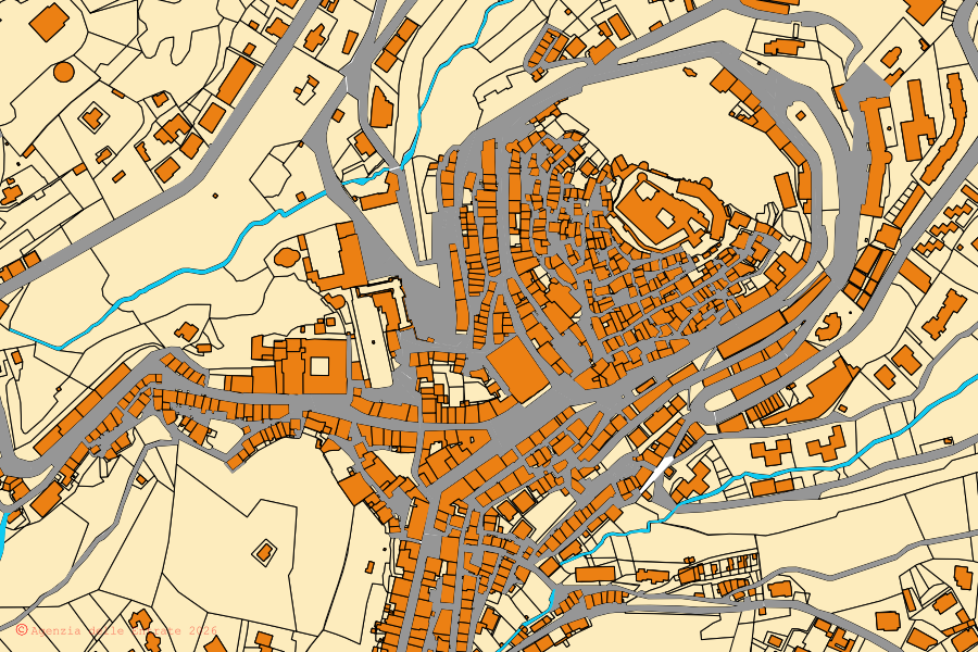 Mapa cadastral do centro de Soriano nel Cimino: parcelas e edifícios, cartografia da Agenzia delle Entrate
